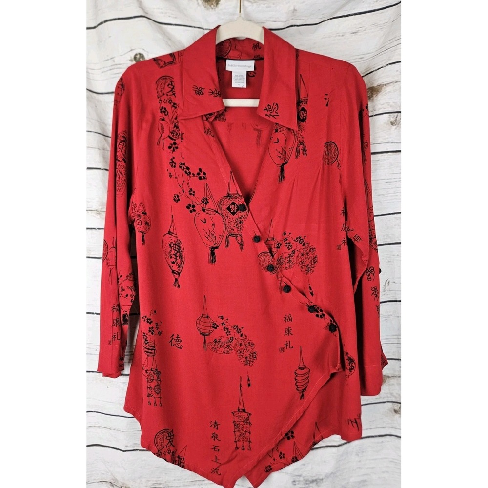 Soft Surroundings Red Asian Lantern Print Wrap Tunic Top PL Frog Knot Rayon